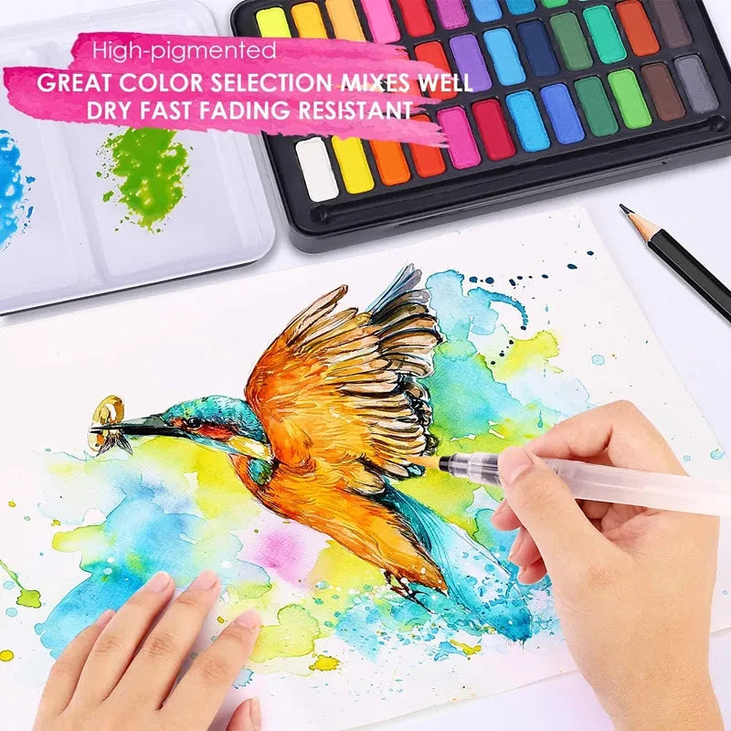 Set d’aquarelles professionnelles 24/36 couleurs pigmentées pour la peinture à l’aquarelle avec pinceau et papier aquarelle, ensemble de peinture