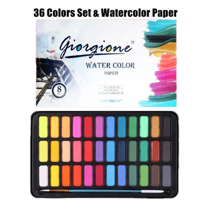 Set d’aquarelles professionnelles 24/36 couleurs pigmentées pour la peinture à l’aquarelle avec pinceau et papier aquarelle, ensemble de peinture